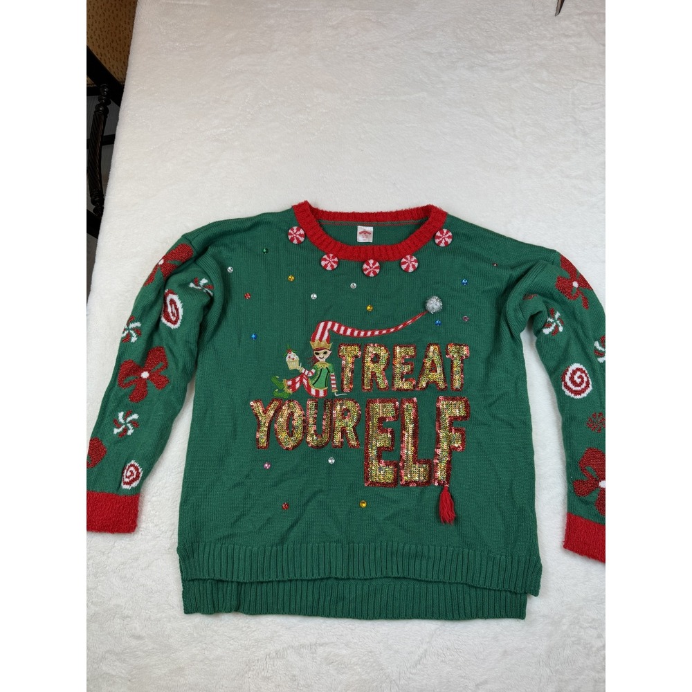 Holiday Time Women XL Green Treat Your Elf Embellished Christmas Sweater Sequin